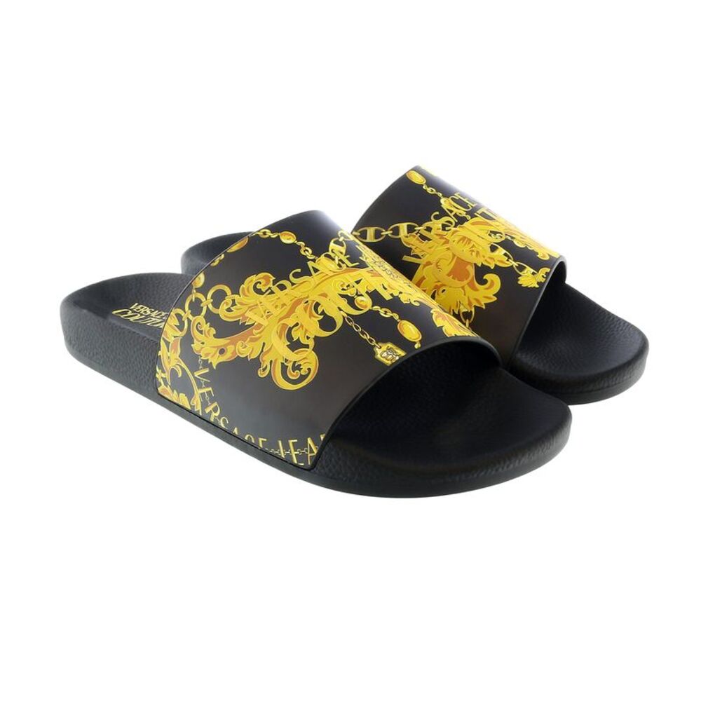 Versace Jeans Couture Black/Gold Ladies Signature Pattern Pool Slide